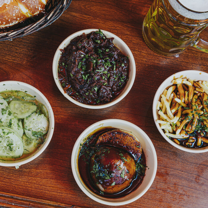 German sides: cucumber salad, braised red cabbage and spaetzle at Bratz Y'all